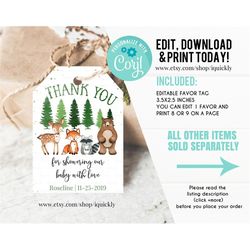 Woodland Baby Shower Favor tags EDITABLE, Gender Neutral, woodland animals Thank you tags, Gift tags Woodland Theme Invi