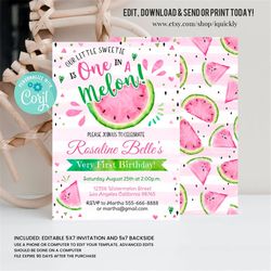 editable watermelon invitation, birthday invitations, pink watermelon party, one in a melon, 1st birthday instant downlo
