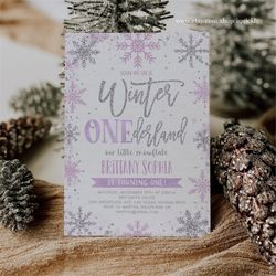 Editable Winter Onederland Invitation, Girl Snowflake First Birthday Purple Silver Winter Wonderland Invites 1st Birthda