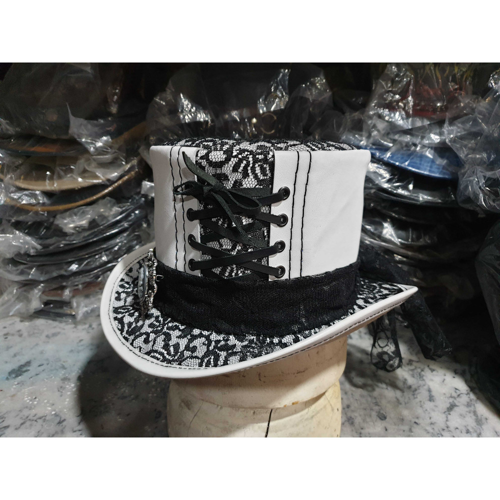 Steampunk Black Crusty Band White Leather Top Hat (2).jpg