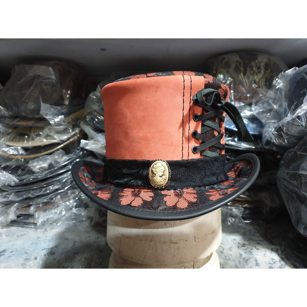 Steampunk Black Crusty Band Pink Leather Top Hat (4).jpg