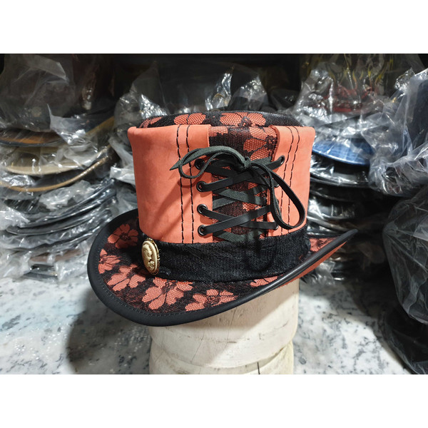 Steampunk Black Crusty Band Pink Leather Top Hat (6).jpg
