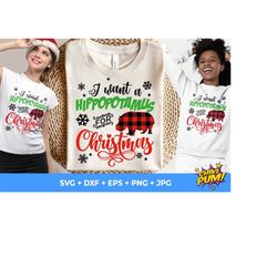 i want a hippopotamus for christmas svg, hippo svg, buffalo plaid print svg