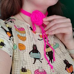 Crocheted choker rose Crocheted accessory Paired accessories choker collar Accessory for dogs Handmade dog collar