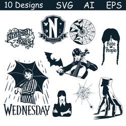 addams family svg, png, wednesday svg clipart bundle nevermore cut files for cricut / silhouette, merlina addams png,