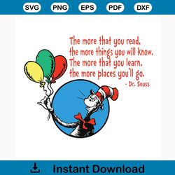 the more that you read the more thing's you will know the more that you learn the more places you'll go svg, dr seuss sv