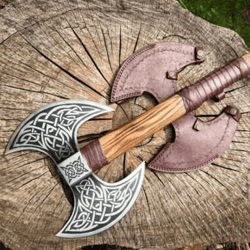 double headed viking axe, battle axe, hand forged steel double blade viking axe norse bearded axe, battle axe,