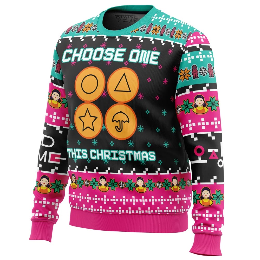 Choose One This Christmas Squid Game All Over Print Hoodie 3D Zip Hoodie 3D Ugly Christmas Sweater 3D Fleece Hoodie