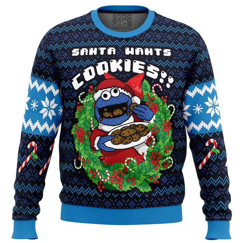 Santa's Cookies Cookie Monster All Over Print Hoodie 3D Zip Hoodie 3D Ugly Christmas Sweater 3D Fleece Hoodie