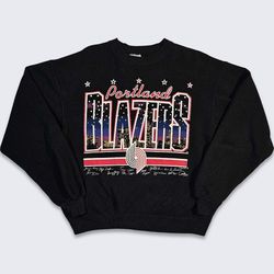 portland trail blazers vintage 90s skyline sweatshirt - nba basketball hanes black sweatshirt - very rare - made in usa