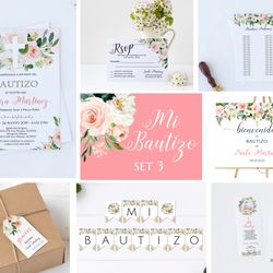 pink girl spanish baptism invitations set, invitaciones set printable, mi bautizo bundle, nina welcome sign mis padrinos