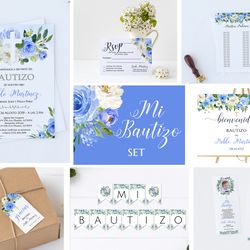 mi bautizo bundle, invitaciones set printable, blue boy spanish baptism invitations set, nino welcome sign mis padrinos