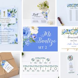invitaciones set printable, mi bautizo bundle, blue boy spanish baptism invitations set, nino welcome sign mis padrinos
