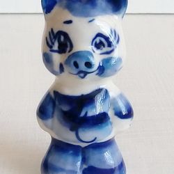 Small porcelain collectible pig figurine Christmas New Year small gift Blue Hand Painted blue ceramic Gzhel