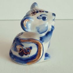 gzhel with gold, ceramic mouse figurine, miniature mouse, animal knick knacks, souvenir figurine, mouse present