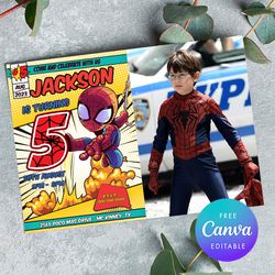 spider man 5th birthday invitation with photo, superheroes five birthday invitation canva editable instant download.