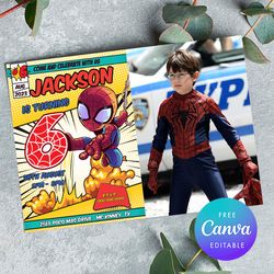 spider man 6th birthday invitation with photo, superheroes six birthday invitation canva editable instant download.