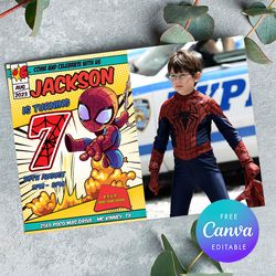 spider man 7th birthday invitation with photo, superheroes seven birthday invitation canva editable instant download.