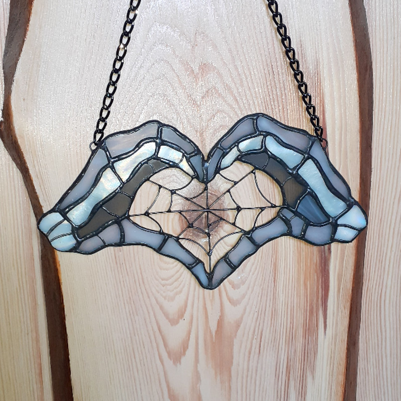 Gothic Stained Glass Spider Web Suncatcher Gothic Decor Heart Shaped Skeleton Hands Stained Glass Gothic Home Decor 1