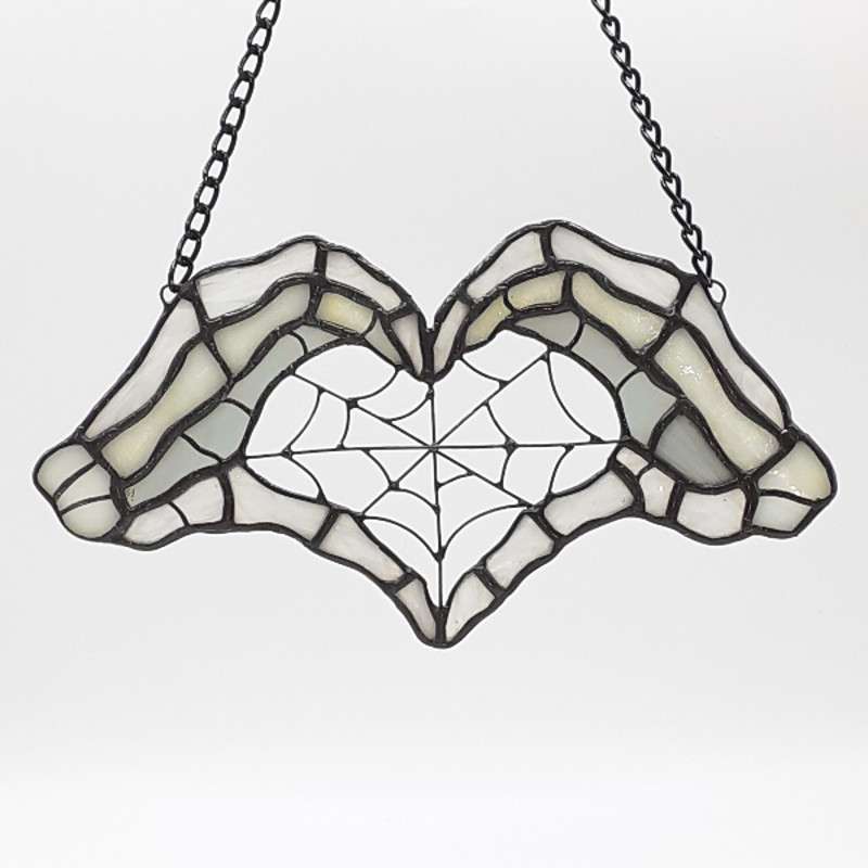 Gothic Stained Glass Spider Web Suncatcher Gothic Decor Heart Shaped Skeleton Hands Stained Glass Gothic Home Decor 9