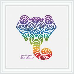Cross stitch pattern Elephant head silhouette ornament rainbow monochrome animal counted crossstitch patterns PDF