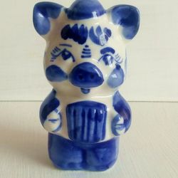 gzhel porcelain piggy figurine piggy statuette collectible gzhel animal figurine blue & white ceramic piggy
