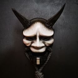 Japanese Hannya Mask: Black&White with Rope, Wall Decor, Samurai Demon mask, Ninja Kabuki mask, Oni mask