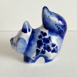 gzhel porcelain animal figurine little figurines russian porcelain cat blue hand painted blue ceramic decor