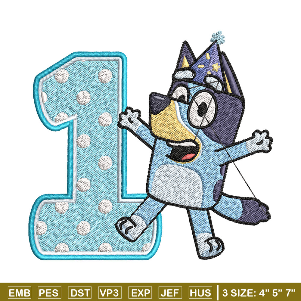 Bluey 1st Birthday Embroidery design, Bluey Cartoon Embroidery, Disney Embroidery, Embroidery File, digital download.jpg