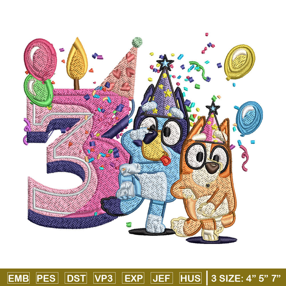 Bluey bingo 3rd birthday Embroidery, Bluey birthday Embroidery, Embroidery File, cartoon design, Digital download..jpg