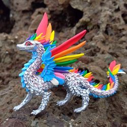 rainbow dragon. lgbt. handmade silver colorful feathered dragon