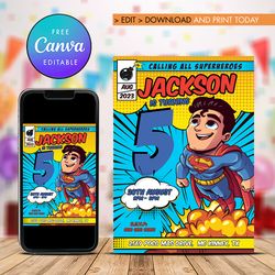 superhero boy any age birthday invitation, superheroes birthday invitation canva editable instant download