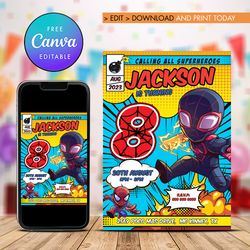 miles morales 8th birthday boy invitation, miles morales birthday invitation canva editable instant download