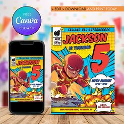 flash boy any age birthday invitation, superheroes comic birthday invitation canva editable instant download
