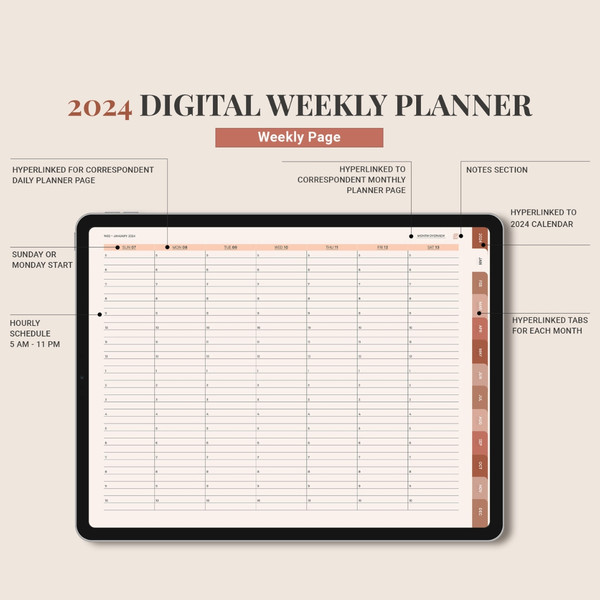 DIGITAL 2024 planner, Daily monthly weekly planner, Work student teacher hourly schedule, Monday Sunday Start, iPad (7).jpg