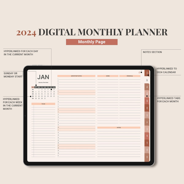 DIGITAL 2024 planner, Daily monthly weekly planner, Work student teacher hourly schedule, Monday Sunday Start, iPad (8).jpg