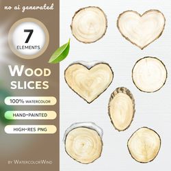 Wood slices watercolor clipart, heart shaped and snow covered wood slice