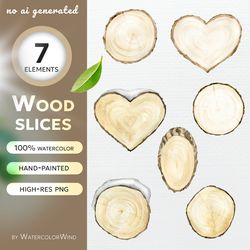 wood slices watercolor clipart, heart shaped and snow covered wood slice