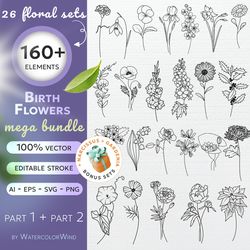 Outline Birth Month Flower Bundle (AI, SVG, EPS, PNG)