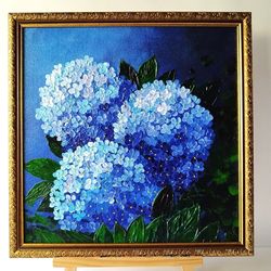 Blue Hydrangea Acrylic Painting | Bouquet of Flowers Textured Art