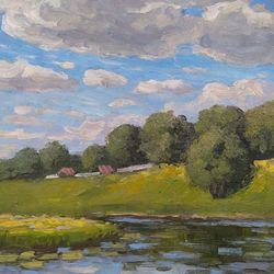 Summer outside the city Small Wall Landscape River Nature Landscape Oil Painting Original Art