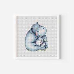 Hippo Cross Stitch Pattern PDF, Cute Hippo Family, Hippo Baby DIY Hand Embroidery Design, Nursery Counted Cross Stitch
