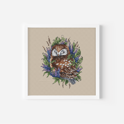 Owl  Cross Stitch Pattern PDF, Bird Counted Cross Stitch, Nocturnal Bird Hand Embroidery, Owl with Flowers Decor DIY