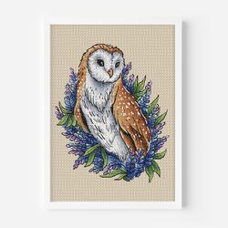 Owl Nestled Among Hyacinths Cross Stitch Pattern PDF, Barn Owl Counted Cross Stitch, Owl Hand Embroidery Cozy DIY Design