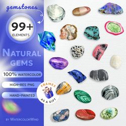 Watercolor gemstone clipart, crystal jewelry clip art, natural gems png illustrations for instant download