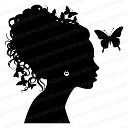 elegant profile silhouette of a beautiful black woman svg | curly bun hair, small earrings, elegance, beauty girl, miss
