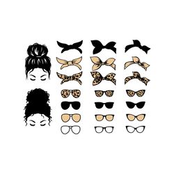 messy bun accessories svg, messy bun headbands bandana sunglasses glasses, messy bun bundle svg, messy hair svg png, mom