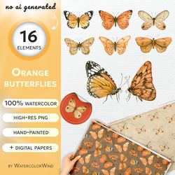Orange Butterfly Clipart, Watercolor Fall Butterflies Clip Art With Seamless Patterns And Borders