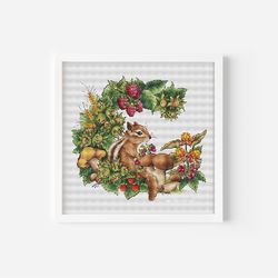 Chipmunk Cross Stitch Pattern PDF, Fall Wreath with Mushrooms and Berries Hand Embroidery, Fall Decor, Chipmunk Art