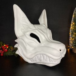 Unfinished Kitsune mask - Unpainted. Wearable Kitsune mask blank. DIY Kitsune mask. White Japanese Fox mask, Blank